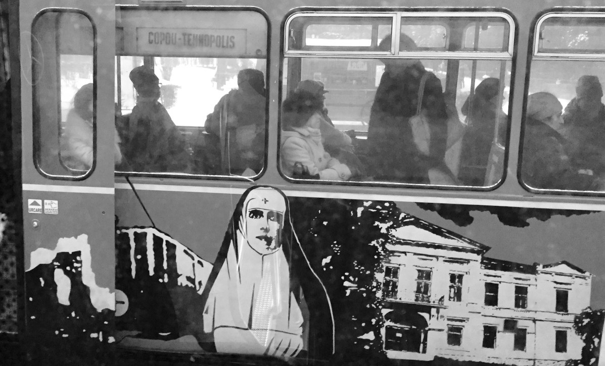 Nun image on Romanian bus
