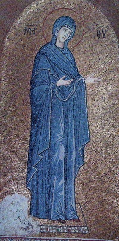 Theotokos mosaic icon with blue robe
