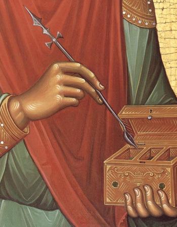 Hands of St. Panteleimon holding a cross and medicine box