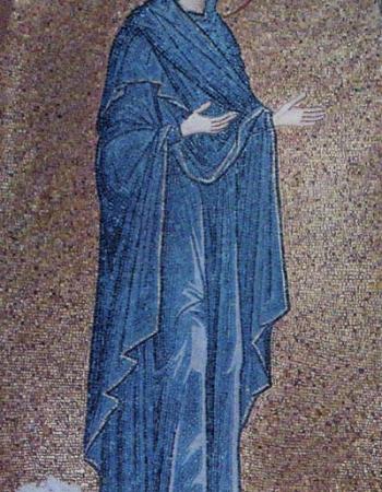 Theotokos mosaic icon with blue robe
