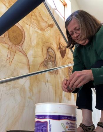 Heather at work on All Saints wall