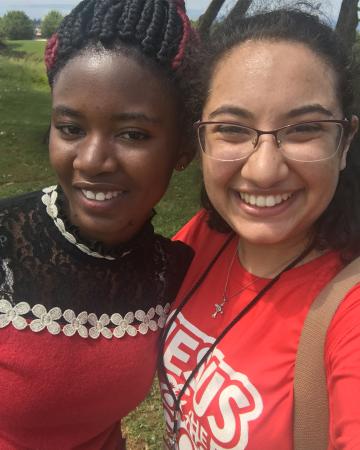 Karen with friend in Uganda